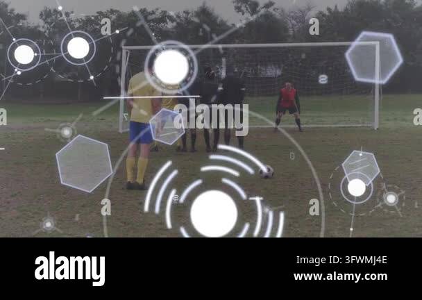 Soccer kicker in yellow running and striking FK HUD overlay tracking ...