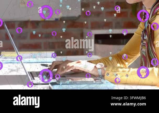 Woman typing on laptop for tech work pausing and leaning purple circles ...