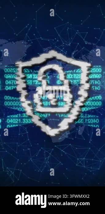 Lock and shield icon animation over binary code and world map ...