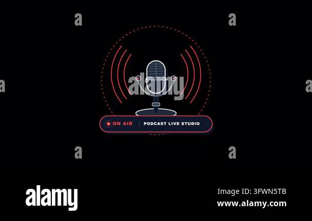 Video Studio Backdrops Flat style podcast studio microphone animation pulsing sound wave arcs ...