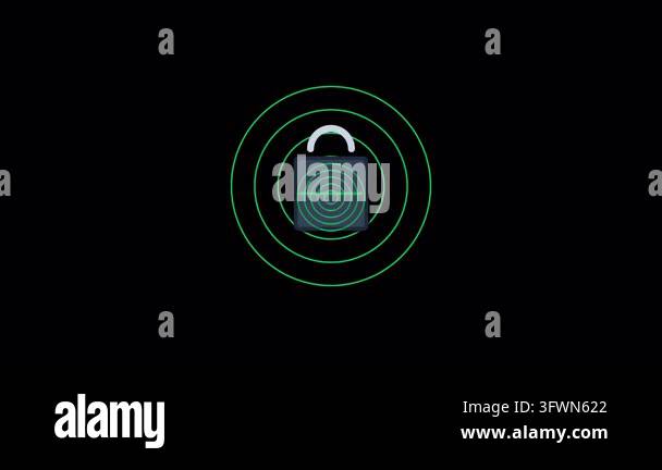 Flat design security padlock pulsing green biometric fingerprint scan ...