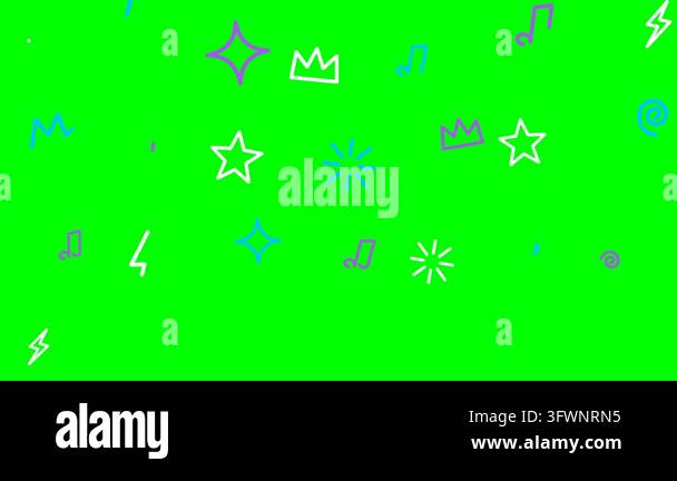 Various stylized symbols drift and rotate against a solid chroma green ...