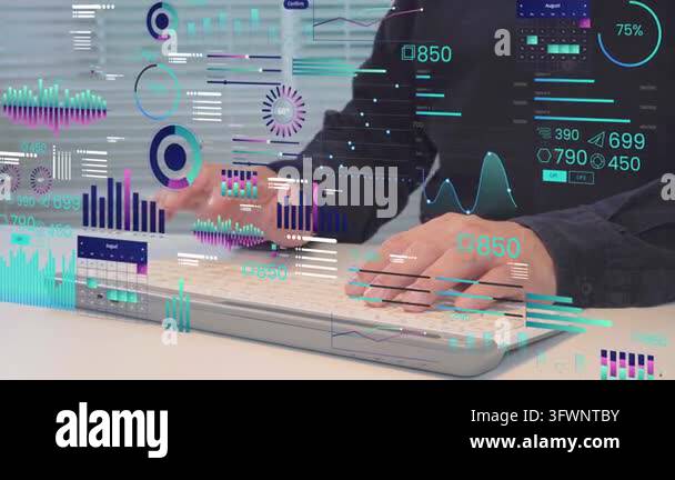 Person types on laptop, surrounded by glowing data visualizations ...