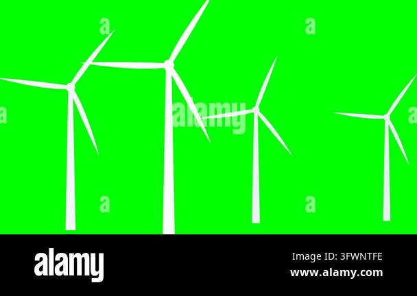 Four wind turbines rotate clockwise against a solid green screen ...