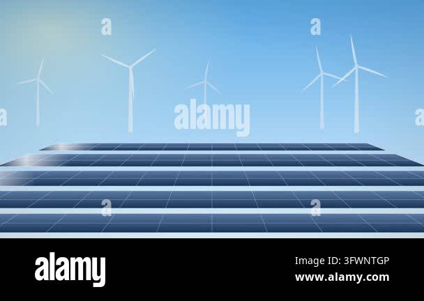 Low-angle static shot of expansive solar panel array under bright sun ...