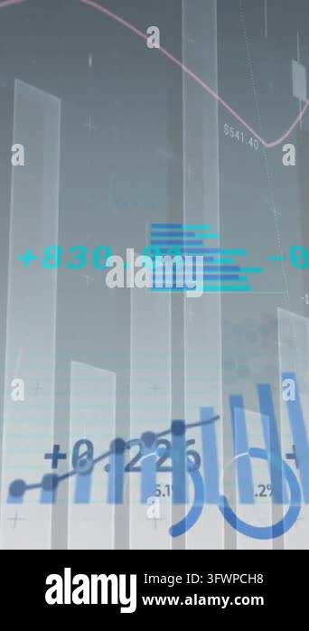 Animation of multiple graphs with numbers and trading board over gray ...