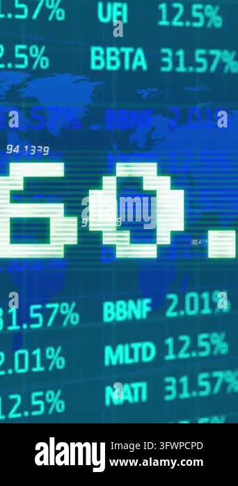 Animation of financial data and world map on blue background. Network ...