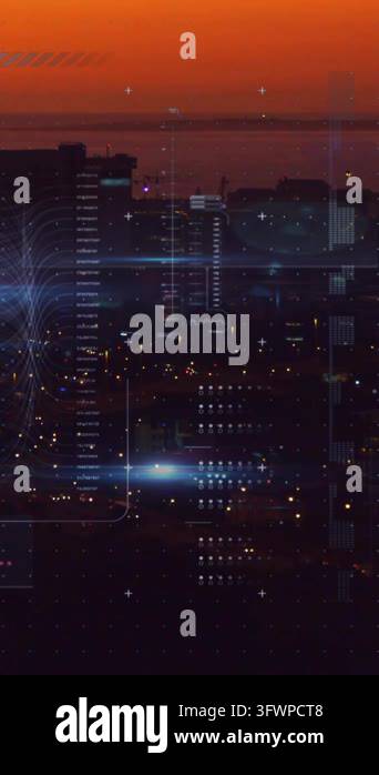 Scanning and analysis complete text animation over cityscape at sunset ...