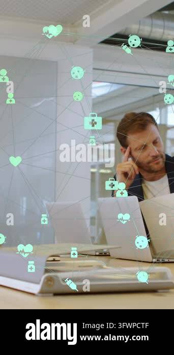 Animation of connected computer icons forming globe over multiracial ...