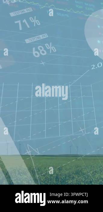 Wind turbines in field with financial data and charts animation over ...