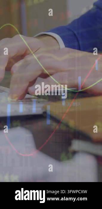 Animation of financial data processing over caucasian man using ...