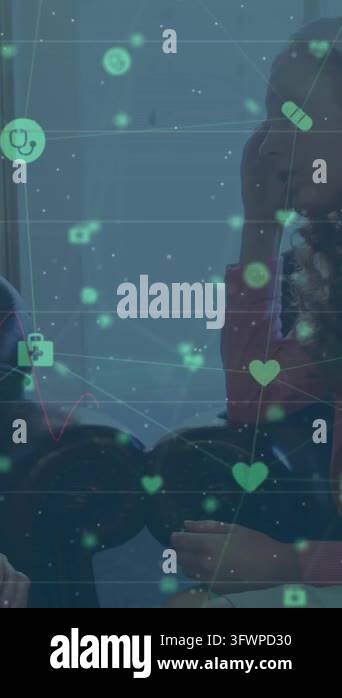 Animation of connected icons, graphs on caucasian woman having ...