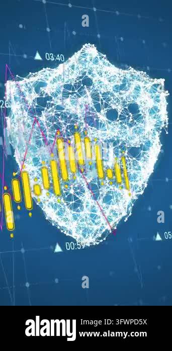Animation of data processing against security shield icon against blue ...