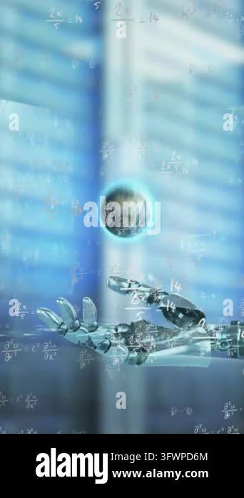 Animation of globe, robot's arm, data processing over computer servers ...