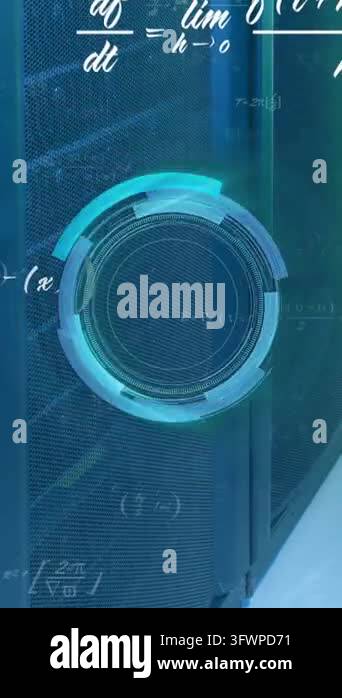 Animation of radar circle with maths equations over data server room ...