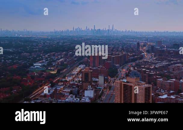 Sunset Time Frame Hazy evening in stunning New York City, USA. Descend over the city ...