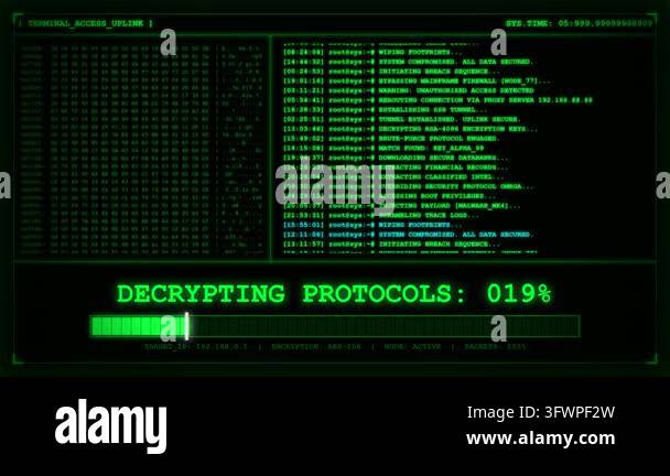Hiacking A green digital computer terminal screen displays a hacking decryption ...