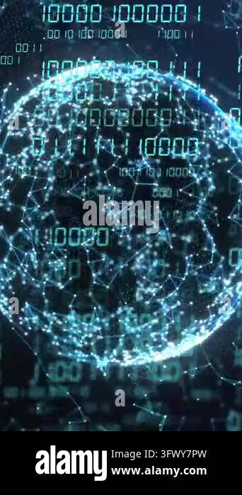 Animation of globe with binary coding and data processing over dark ...