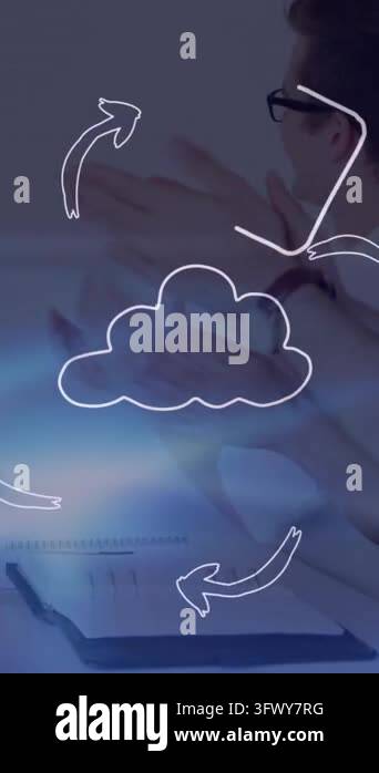 Animation of cloud, connections with icons and data processing over ...