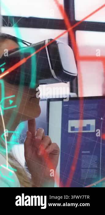 Animation of data processing over caucasian businesswoman using vr ...