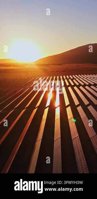 Solar panels stretch across a field as the sun sets behind a hill ...