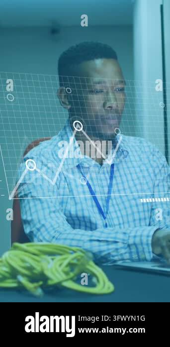 Animation of data processing over african american it man by computer ...