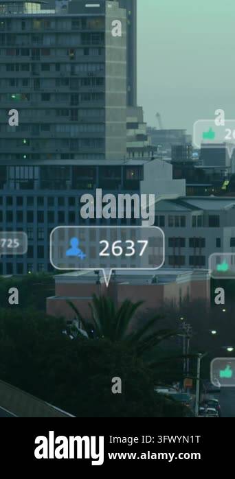 Animation of social media icons and data processing over cityscape ...