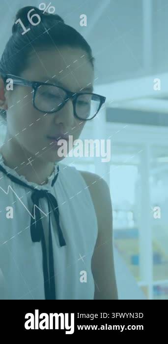 Animation of statistical data processing against stressed asian woman ...