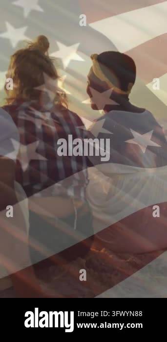 Animation of diverse friends at beach over flag of usa. American ...