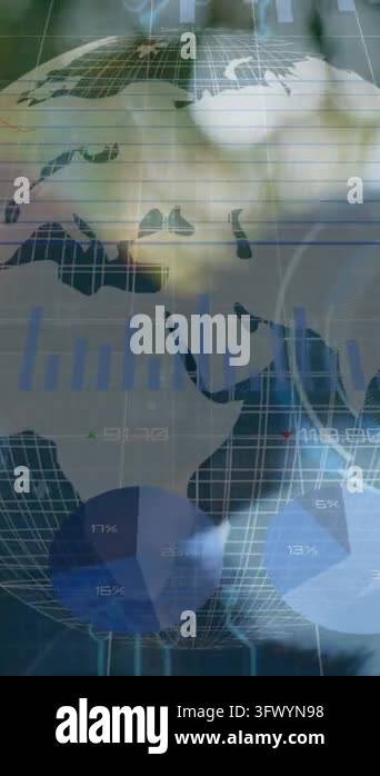 Animation of data processing and globe over horse. Global technology ...