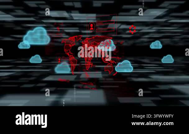 Blue cloud icons appearing and moving inward, red wireframe map ...
