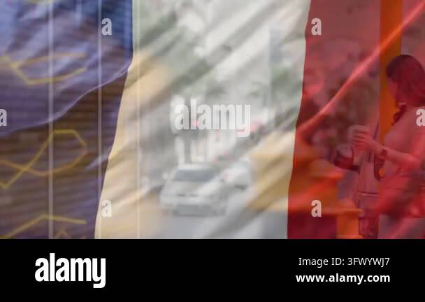 French flag overlay rippling, revealing woman and sending teal cloud ...