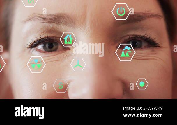 Camera panning to eyes, woman staring while hex icons floating across ...