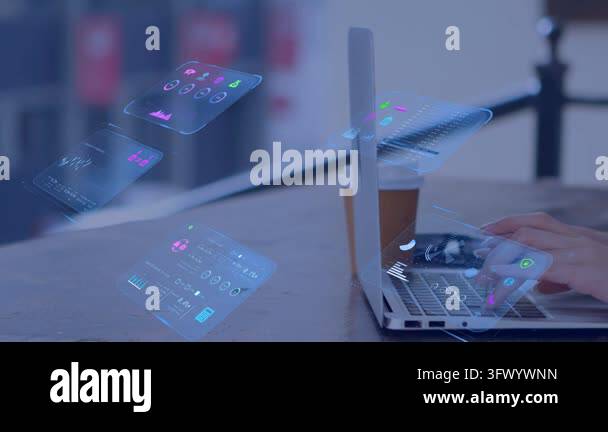 Woman typing and swiping on laptop, activating technology UI panels ...