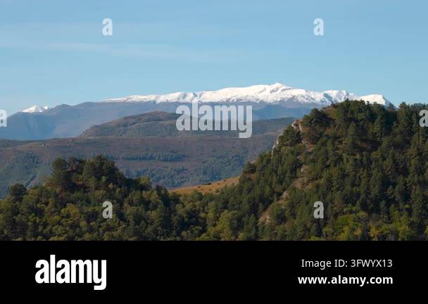 Snow covered ridge rises above layered evergreen hills and dense pine ...