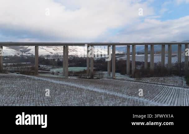 Snow In Athens Moselle vineyard, Viaduct Longuich, Mosel valley, snow in winter season ...