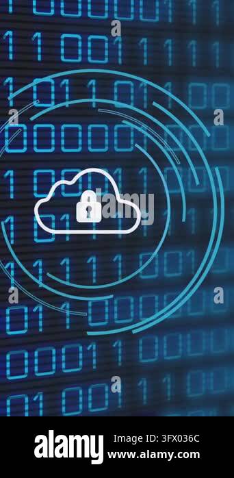 Animation of data processing and cloud over black background. Social ...
