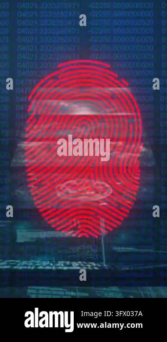 Animation of fingerprint over data processing on black background ...