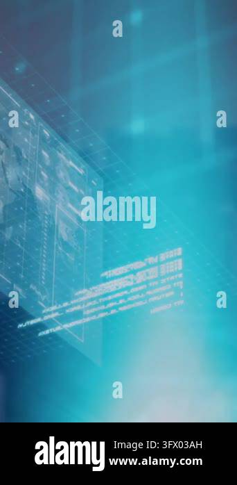 Animation of interface with data processing and blue light spot against ...