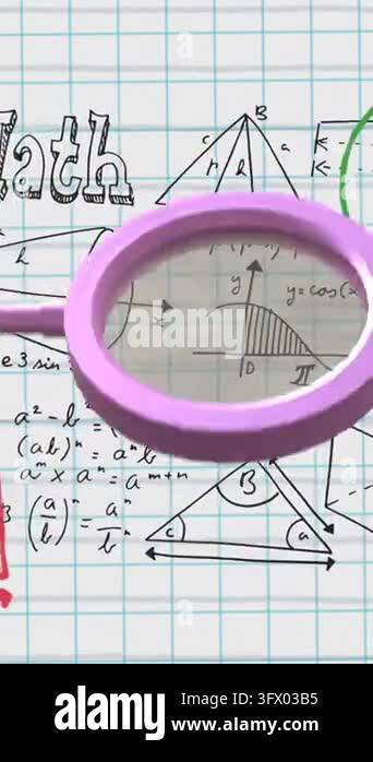 Animation of magnifying glass over mathematical data processing. Global ...