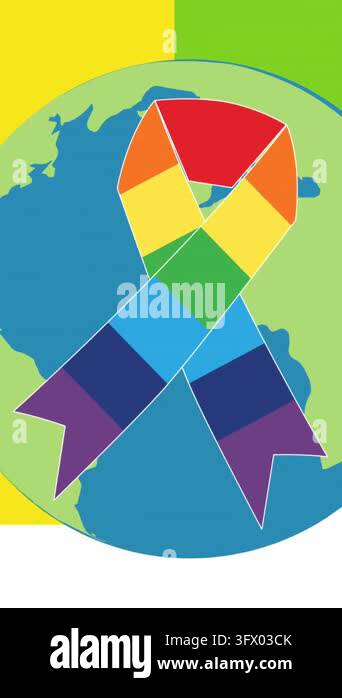 Animation of lgbtq rainbow ribbon over globe over rainbow background ...