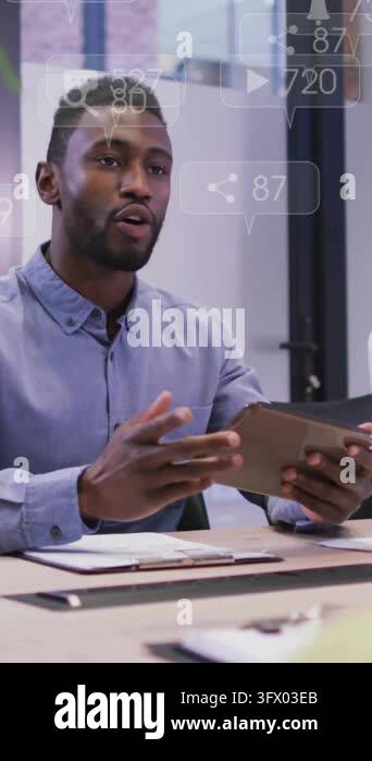 People Interface Animation of data processing over diverse business people talking in ...