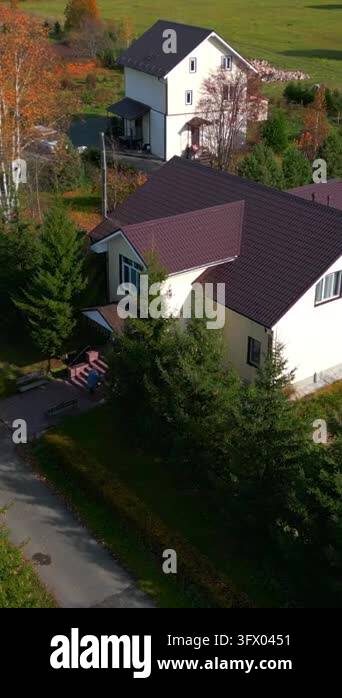 Aerial Countryside House Surrounded By Trees And Tilled Field, Twostory ...