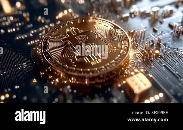 Close-up view of a physical bitcoin coin resting on a circuit board ...