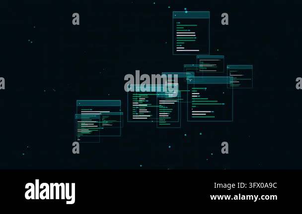 random programming code abstract data windows floating on dark digital ...
