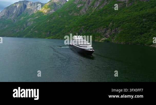 Aerial view of the cruise vessel in the fjords of Norway. Luxury cruise ...