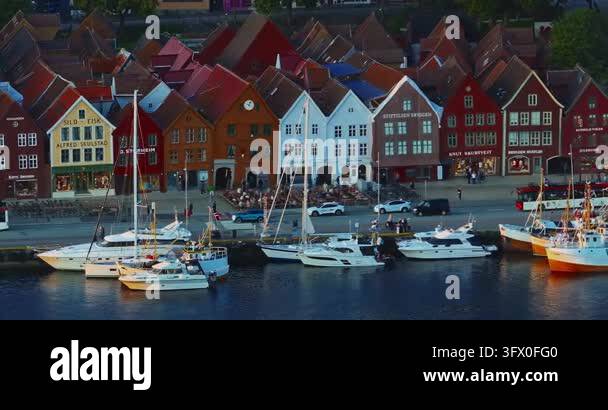 Aerial view of Bergen, Norway. Colorful buildings along the waterfront ...