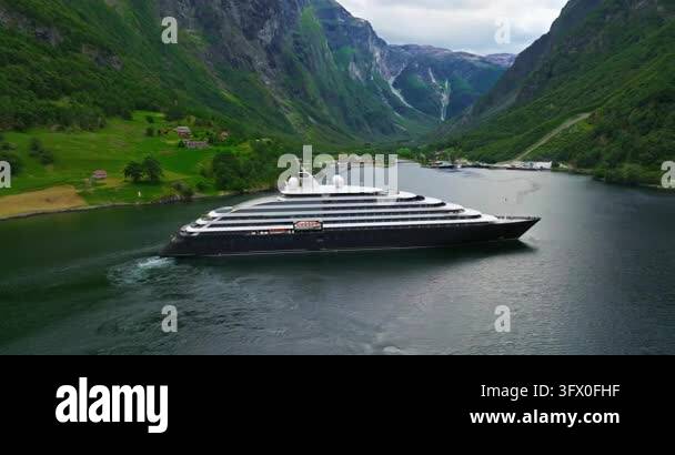 Aerial view of the cruise vessel in the fjords of Norway. Luxury cruise ...