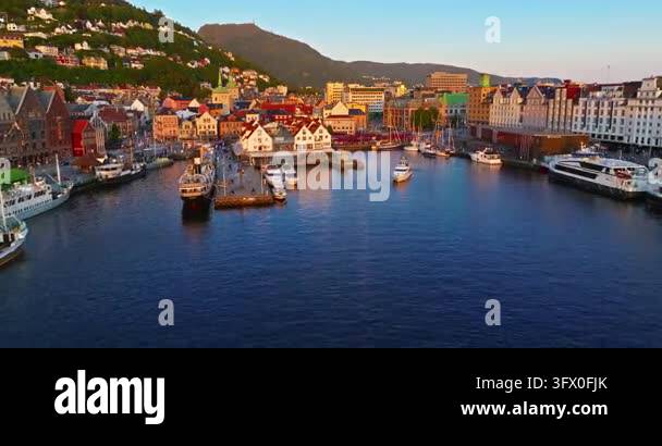 Aerial view of Bergen, Norway. Colorful buildings along the waterfront ...