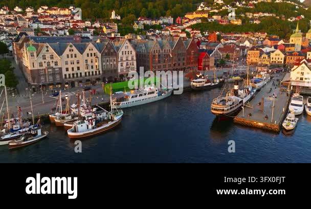 Aerial view of Bergen, Norway. Colorful buildings along the waterfront ...
